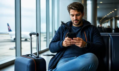 Como saber se a passagem aérea foi emitida e evitar problemas - Passageiro verificando se a passagem aérea foi emitida no celular
