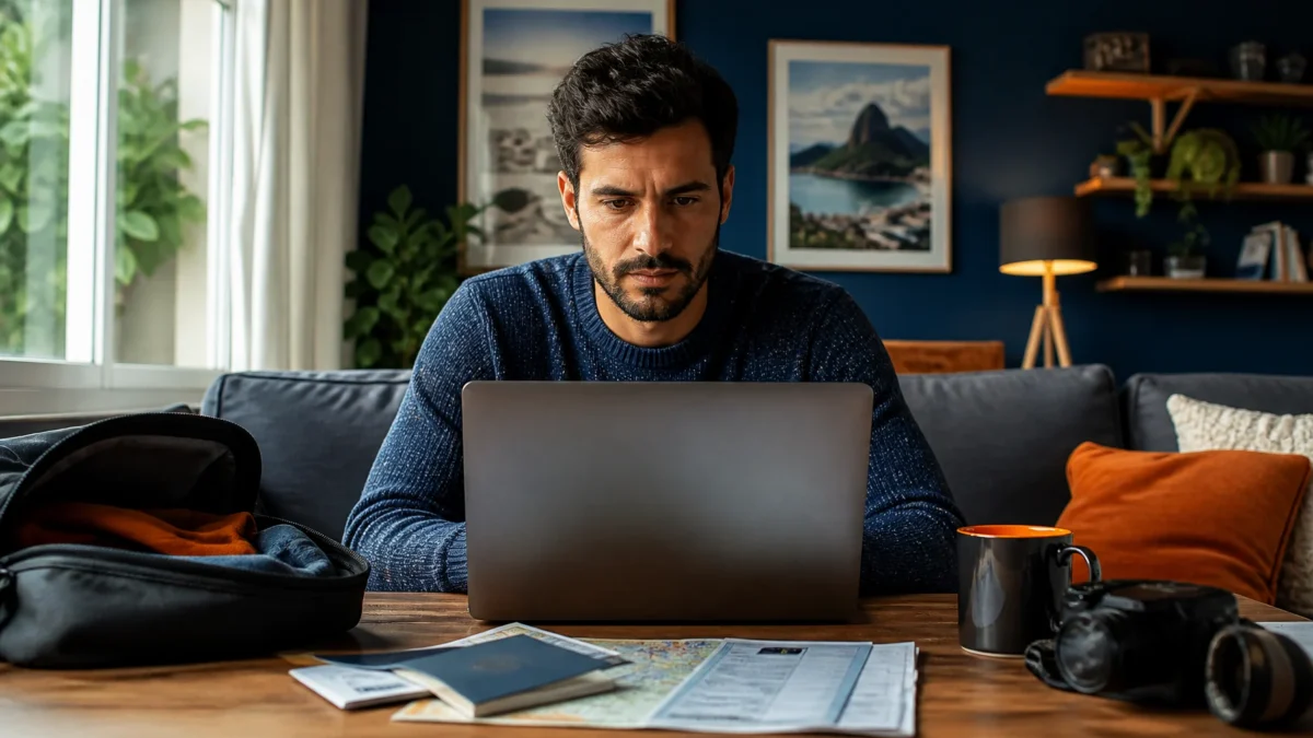 Como saber se um site de passagens aéreas é confiável antes de comprar - Viajante verificando se um site de passagens aéreas é confiável antes da compra