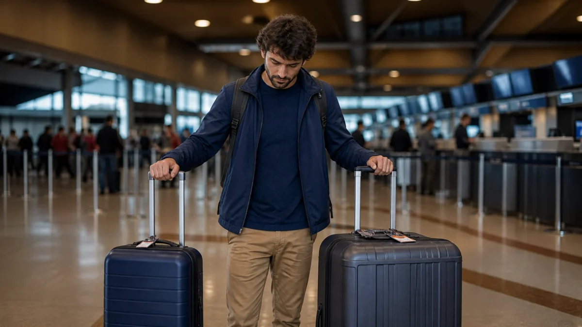 Comprar bagagem antecipada ou no aeroporto: qual opção considerar? - Passageira comparando bagagem de mão e mala despachada antes de um voo