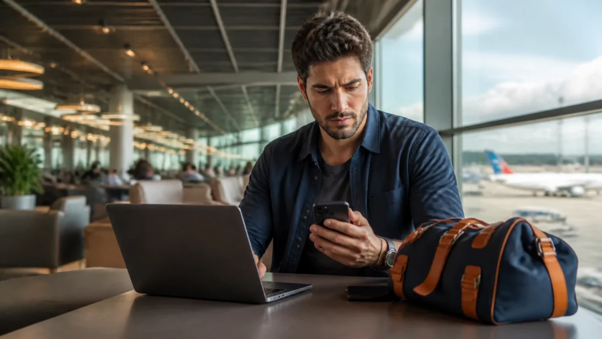 Comprar passagem com agência ou companhia aérea: qual opção faz mais sentido? - Viajante comparando opções para comprar passagem com agência ou companhia aérea