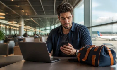 Comprar passagem com agência ou companhia aérea: qual opção faz mais sentido? - Viajante comparando opções para comprar passagem com agência ou companhia aérea