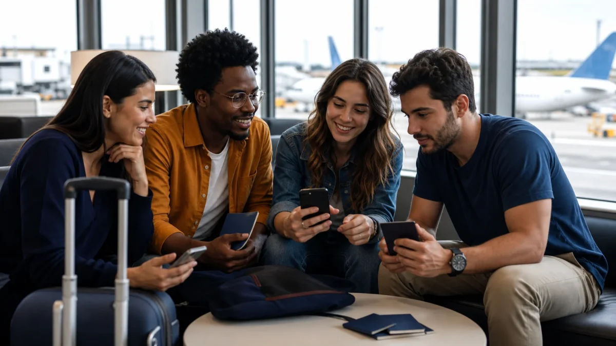 Comprar passagens juntas ou separadas: o que muda na viagem - Grupo de viajantes analisando passagens aéreas juntas ou separadas