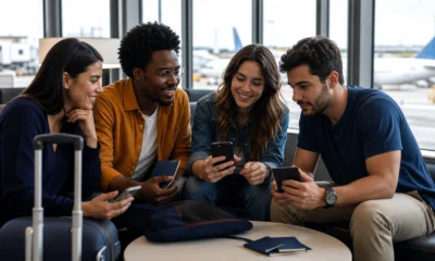 Comprar passagens juntas ou separadas: o que muda na viagem - Grupo de viajantes analisando passagens aéreas juntas ou separadas