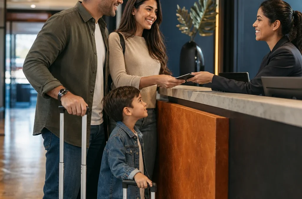 Criança paga diária em hotel? Entenda as regras antes de reservar - destacada: Família com criança fazendo check-in em hotel, ilustrando regras de diária infantil