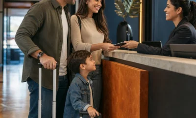 Criança paga diária em hotel? Entenda as regras antes de reservar - destacada: Família com criança fazendo check-in em hotel, ilustrando regras de diária infantil