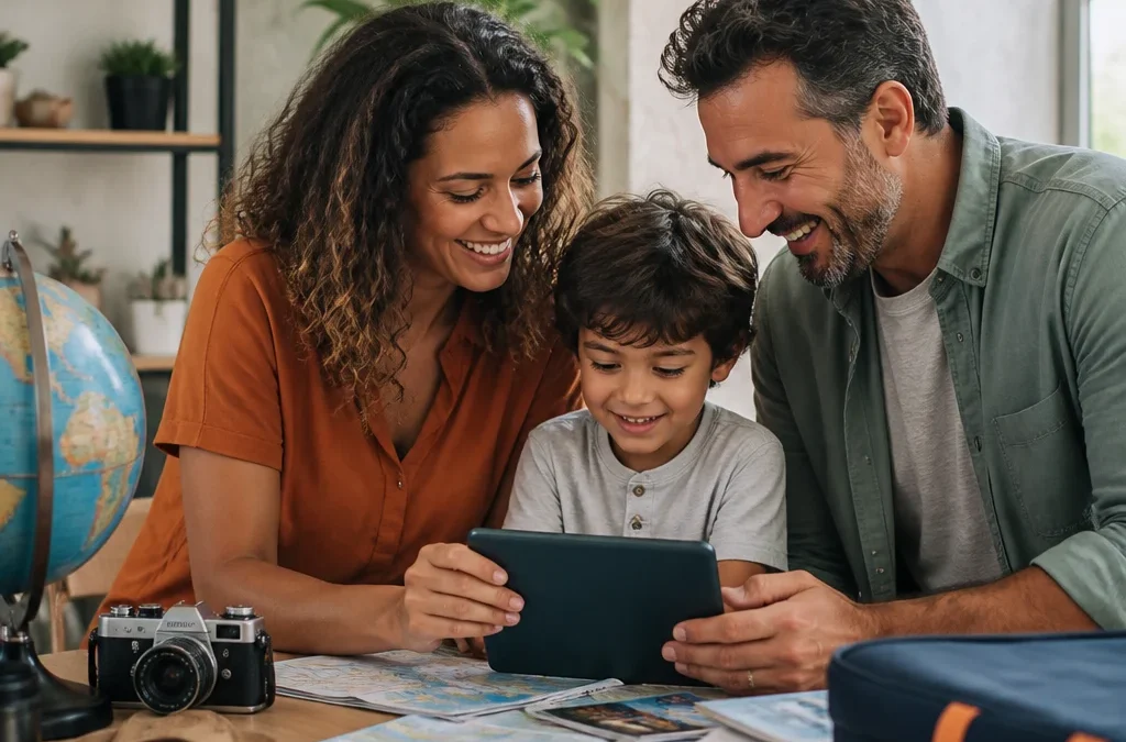 Criança paga pacote de viagem? O que muda em voo, hotel e idade - destacada: Família com criança conferindo detalhes de um pacote de viagem
