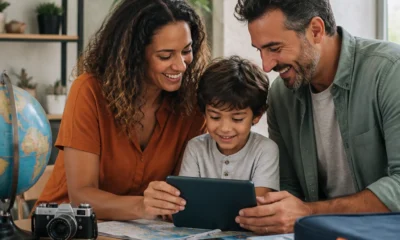 Criança paga pacote de viagem? O que muda em voo, hotel e idade - destacada: Família com criança conferindo detalhes de um pacote de viagem
