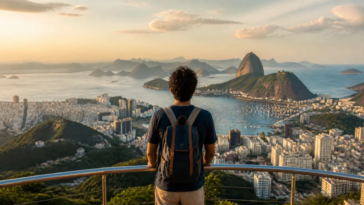 Destinos para viajar sozinho no Brasil: como escolher com segurança - Viajante solo observando uma cidade brasileira durante viagem