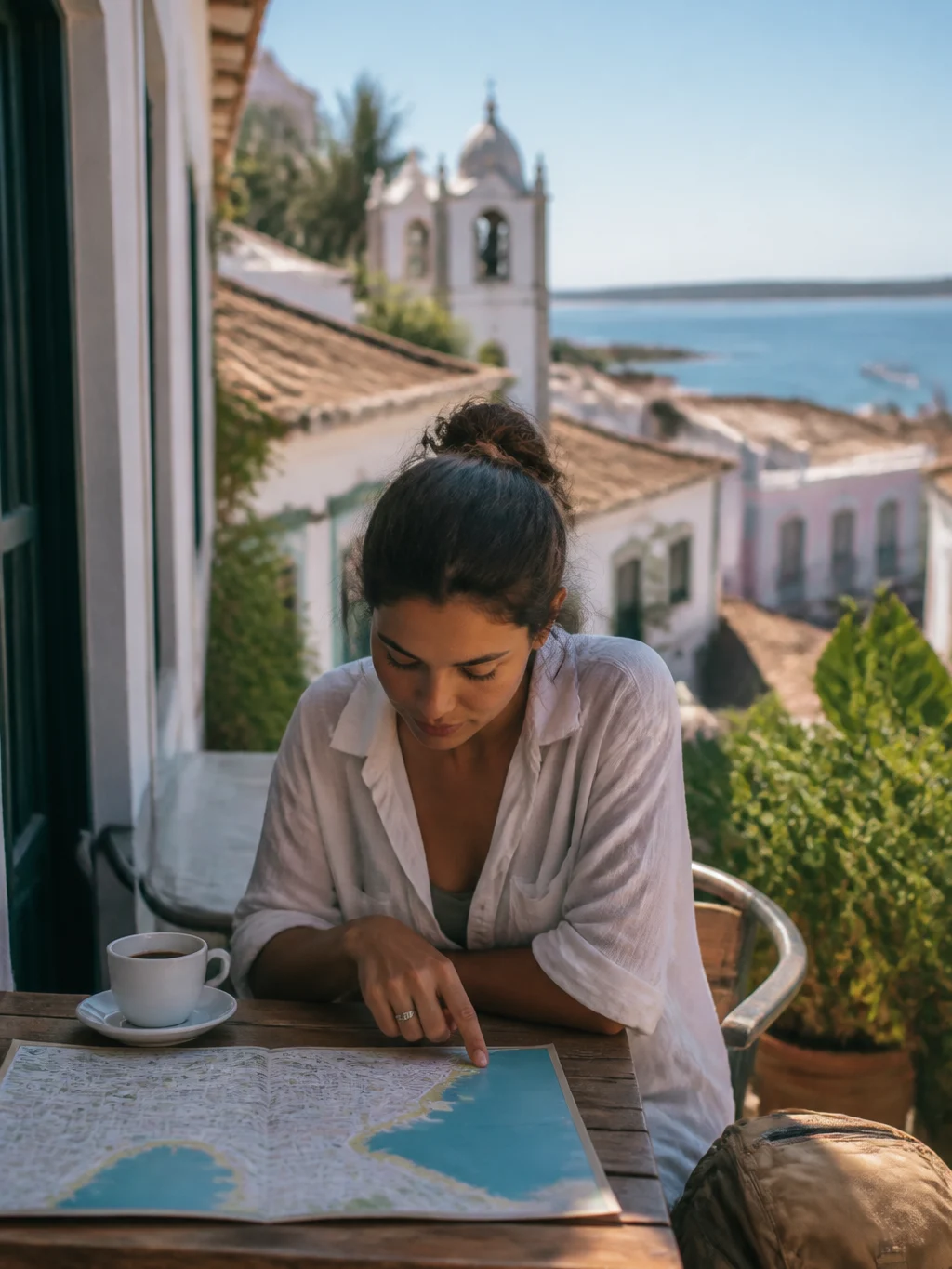 Destinos para viajar sozinho no Brasil: como escolher com segurança - Viajante planejando destinos para viajar sozinho no Brasil em uma cafeteria