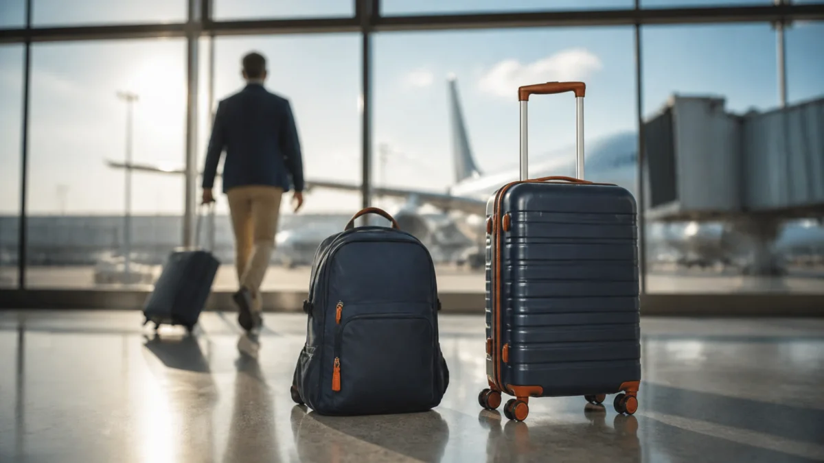 Diferença entre item pessoal e bagagem de mão antes do embarque - Mochila e mala de bordo separadas em área de embarque ilustrando a diferença entre item pessoal e bagagem de mão