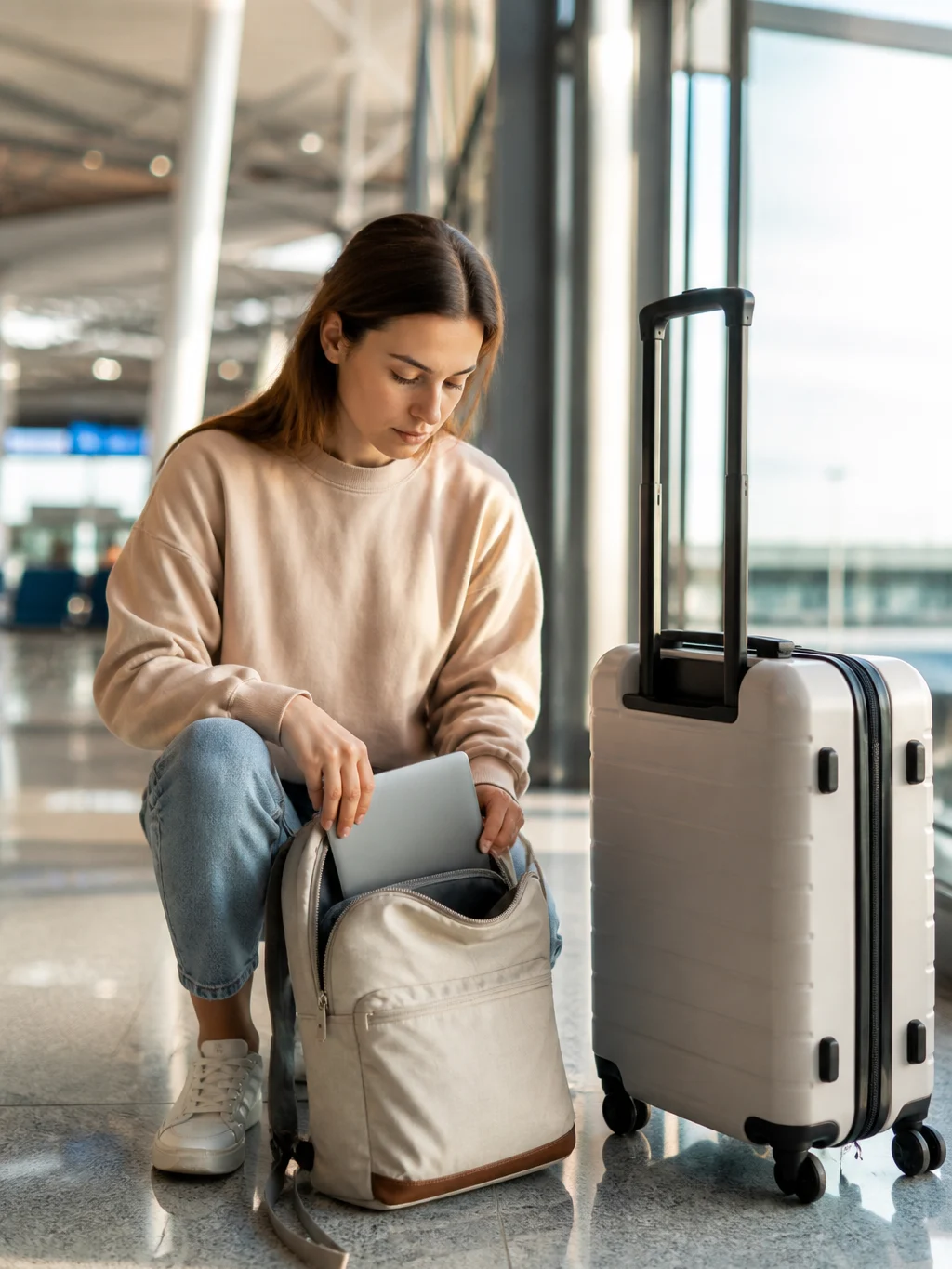 Diferença entre item pessoal e bagagem de mão antes do embarque - Viajante organizando mochila e mala de bordo para entender a diferença entre item pessoal e bagagem de mão