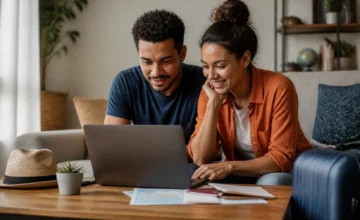 É possível parcelar reserva de hotel? Veja o que conferir antes de pagar - Casal planejando uma reserva de hotel parcelada no notebook