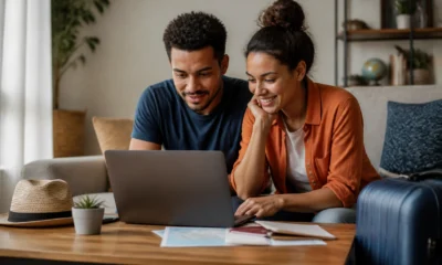 É possível parcelar reserva de hotel? Veja o que conferir antes de pagar - Casal planejando uma reserva de hotel parcelada no notebook