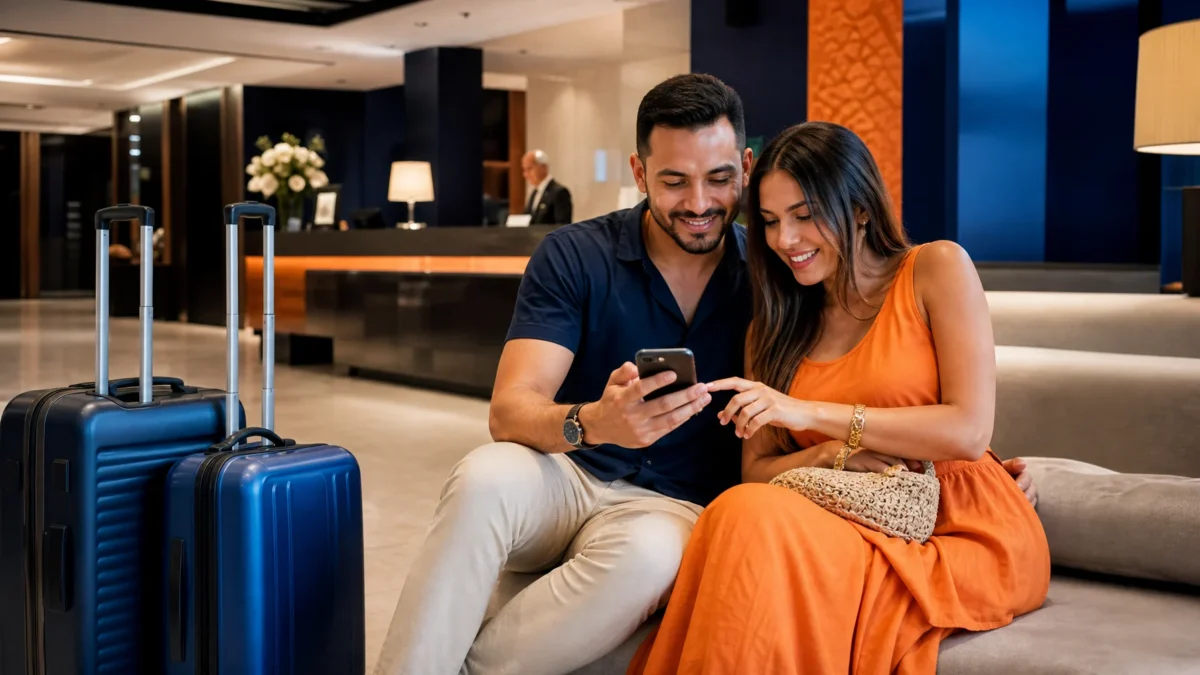 Hotel cobra por pessoa ou por quarto? Entenda a diária antes de reservar - Casal conferindo informações de reserva e valor do quarto de hotel