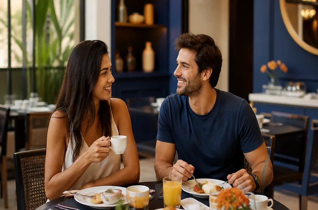 Hotel com café da manhã vale a pena? Veja quando a diária compensa - destacada: Casal tomando café da manhã em hotel durante viagem