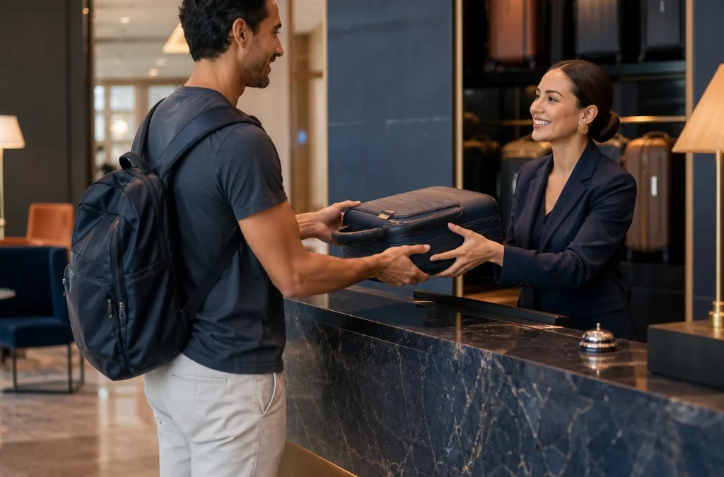 Hotel guarda bagagem antes do check-in? Saiba como pedir - destacada: Hóspede deixando bagagem na recepção do hotel antes do check-in
