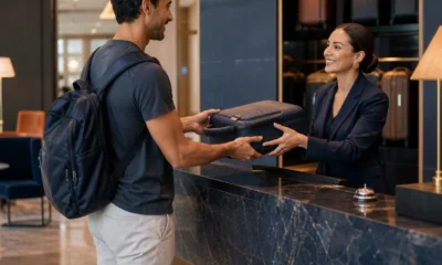 Hotel guarda bagagem antes do check-in? Saiba como pedir - destacada: Hóspede deixando bagagem na recepção do hotel antes do check-in