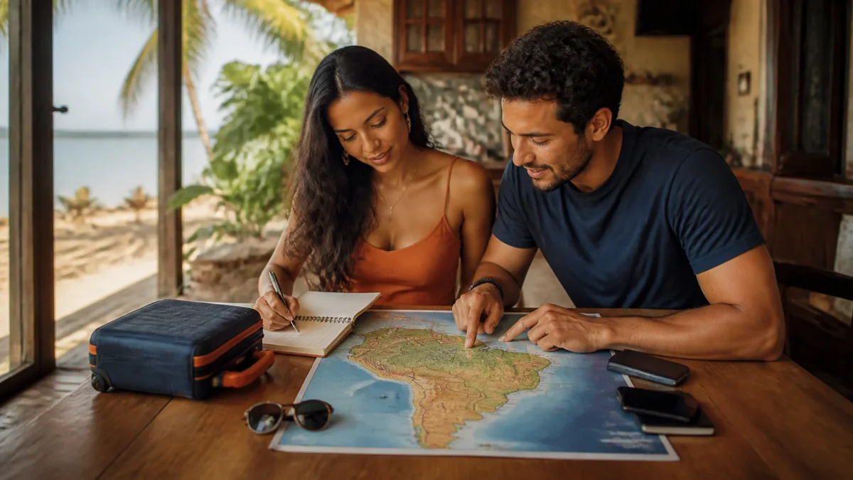 Lugares baratos para viajar em dezembro: como escolher sem estourar o orçamento - Casal planejando lugares baratos para viajar em dezembro diante de um mapa do Brasil