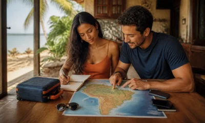 Lugares baratos para viajar em dezembro: como escolher sem estourar o orçamento - Casal planejando lugares baratos para viajar em dezembro diante de um mapa do Brasil