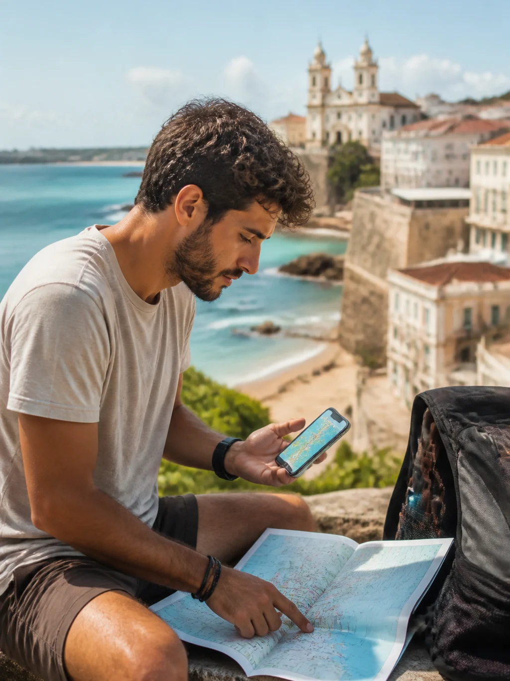 Lugares baratos para viajar em dezembro: como escolher sem estourar o orçamento - Viajante pesquisando lugares baratos para viajar em dezembro em um mapa do Brasil
