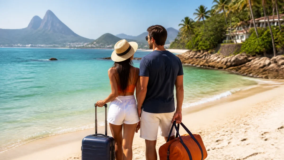 Lugares baratos para viajar em fevereiro: como fugir do Carnaval - Casal com malas observando uma praia brasileira em fevereiro