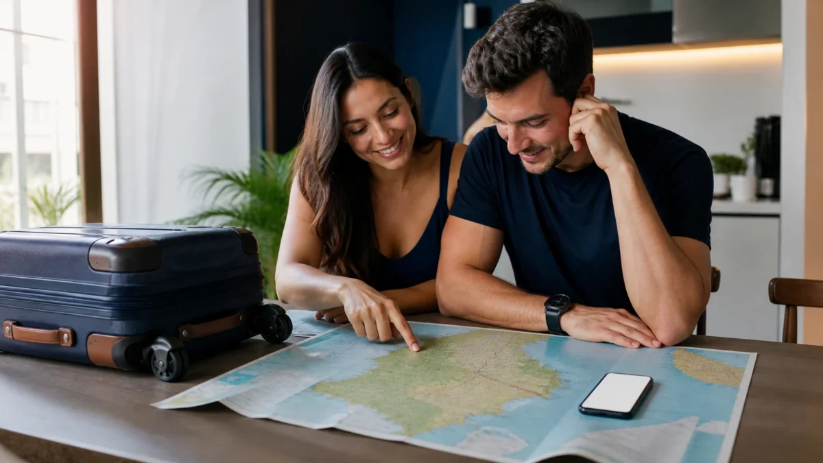 Lugares baratos para viajar em março: como escolher destinos e gastar menos - Casal planejando lugares baratos para viajar em março com malas e mapa do Brasil