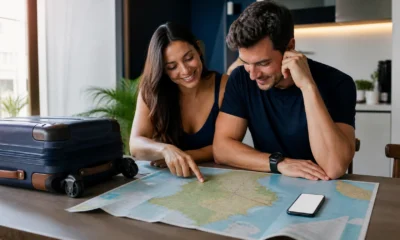 Lugares baratos para viajar em março: como escolher destinos e gastar menos - Casal planejando lugares baratos para viajar em março com malas e mapa do Brasil