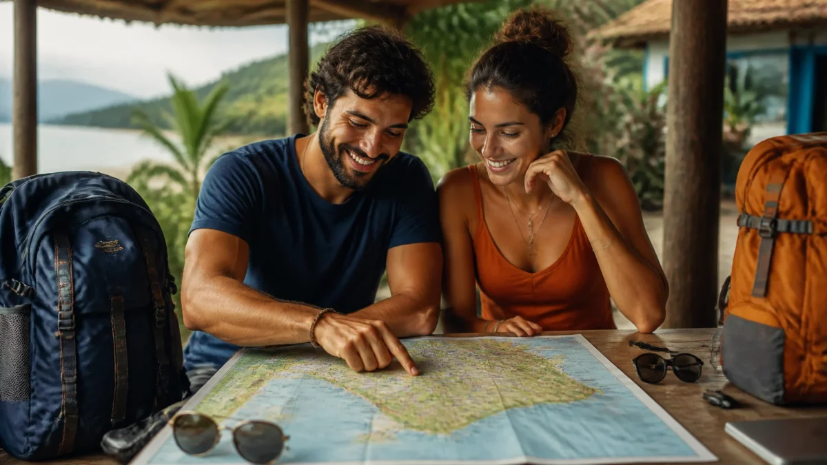 Lugares baratos para viajar no Carnaval sem gastar demais - Casal planejando lugares baratos para viajar no Carnaval com mapa e malas