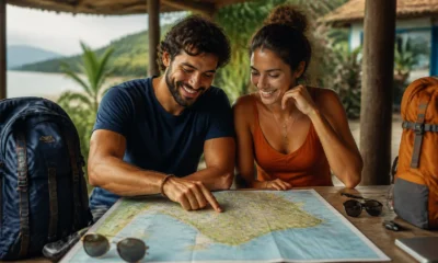 Lugares baratos para viajar no Carnaval sem gastar demais - Casal planejando lugares baratos para viajar no Carnaval com mapa e malas
