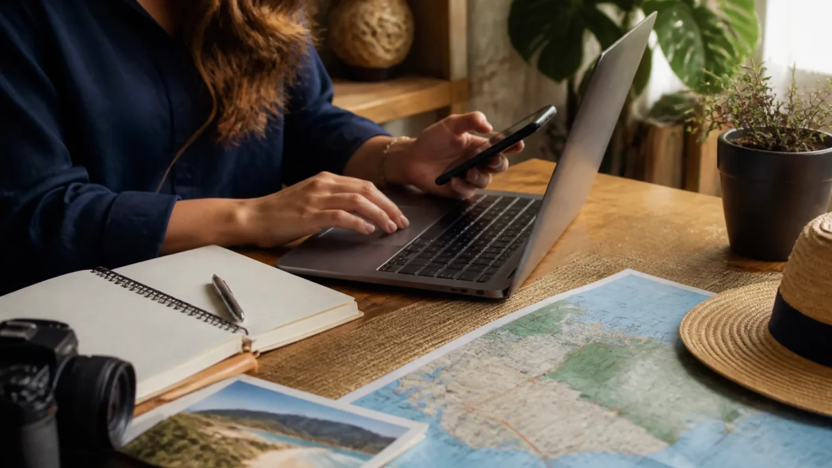 Marketing de afiliados sem aparecer: estratégias realistas para começar - Pessoa planejando marketing de afiliados sem aparecer em notebook e celular