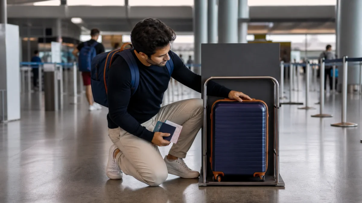 Medidas da bagagem de mão: como evitar problemas no embarque - Passageira conferindo as medidas da bagagem de mão próxima ao balcão do aeroporto
