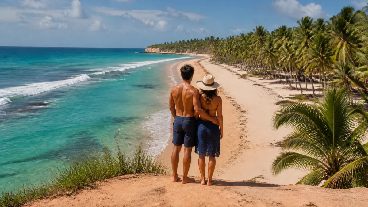 Melhores destinos do Nordeste: como escolher a viagem ideal - Casal observando praia de águas claras entre coqueiros em um dos melhores destinos do Nordeste