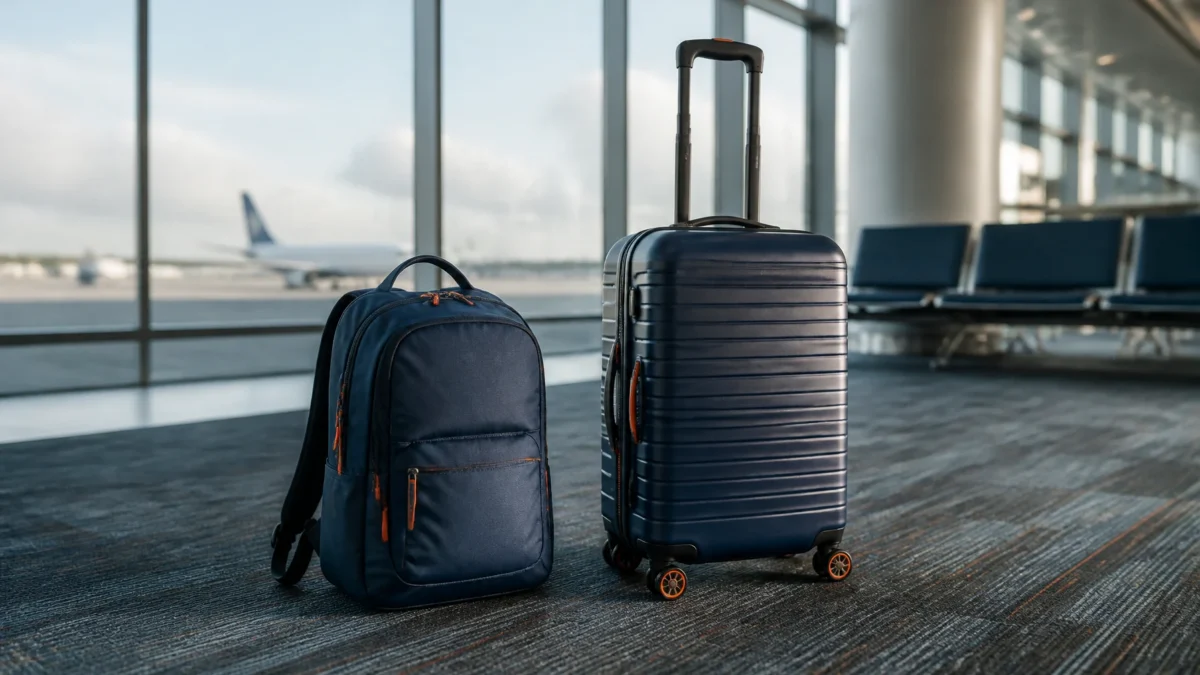 Mochila é considerada bagagem de mão? Saiba o que muda no embarque - Mochila e mala de bordo organizadas próximas ao portão de embarque