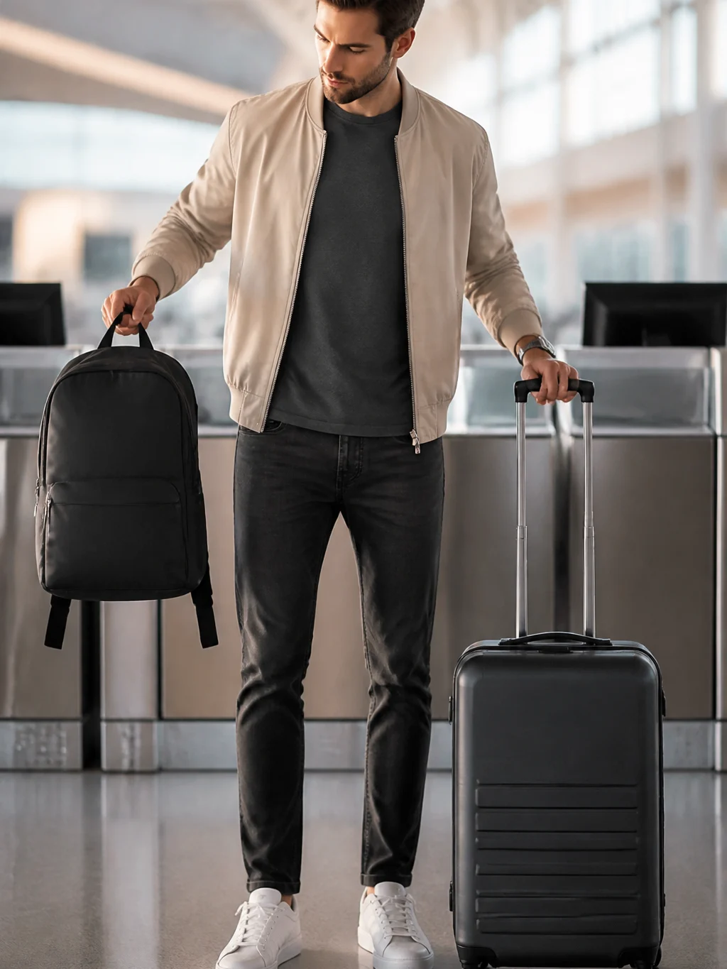 Mochila é considerada bagagem de mão? Saiba o que muda no embarque - Passageiro comparando mochila e mala de bordo antes do embarque