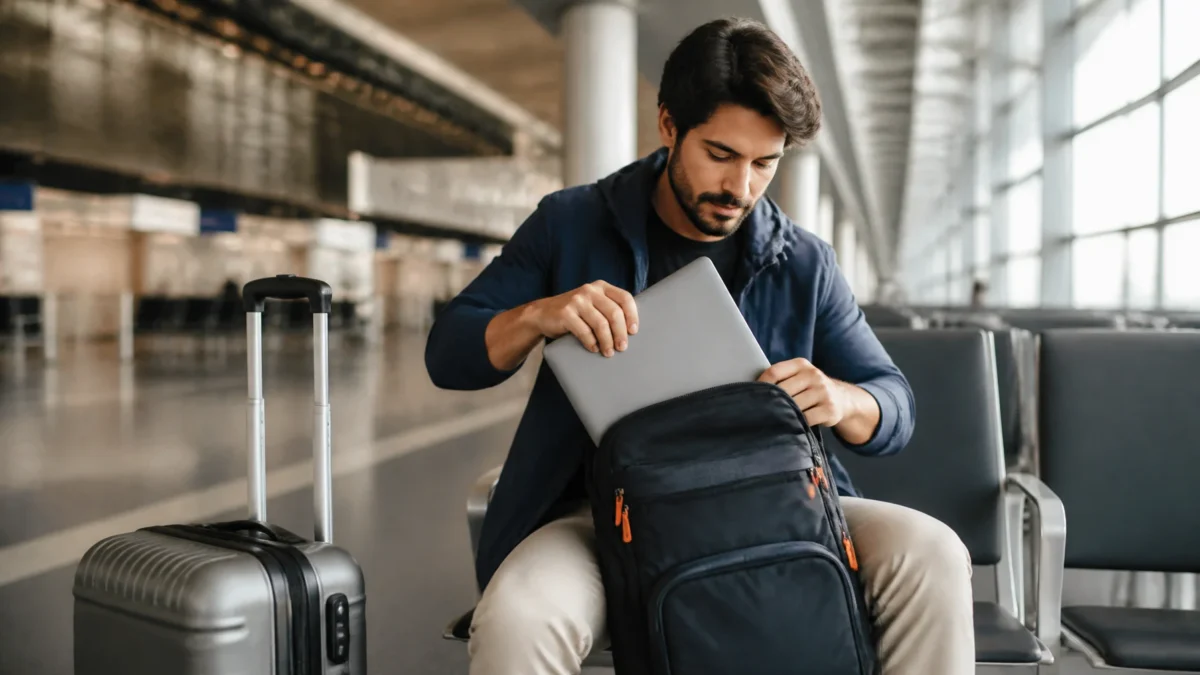 Notebook na bagagem de mão: como transportar com segurança no avião - Passageiro organizando notebook na bagagem de mão antes de embarcar