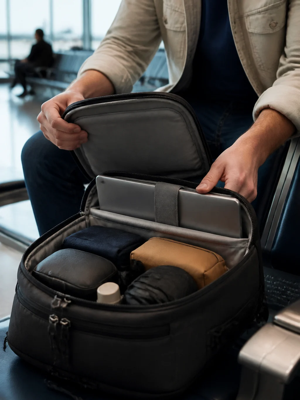 Notebook na bagagem de mão: como transportar com segurança no avião - Notebook na bagagem de mão protegido em mochila de viagem no aeroporto