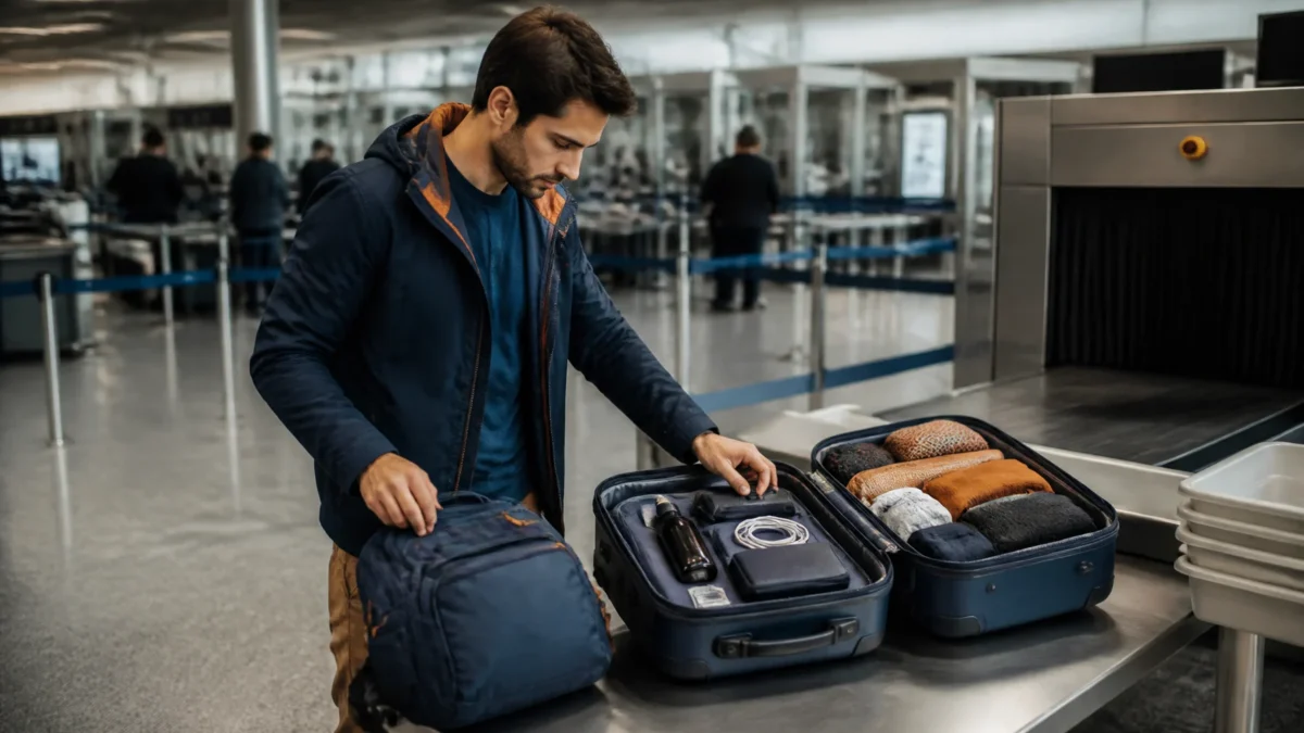 O que não pode levar na bagagem de mão e como evitar problemas no aeroporto - Passageira organizando bagagem de mão antes da inspeção no aeroporto