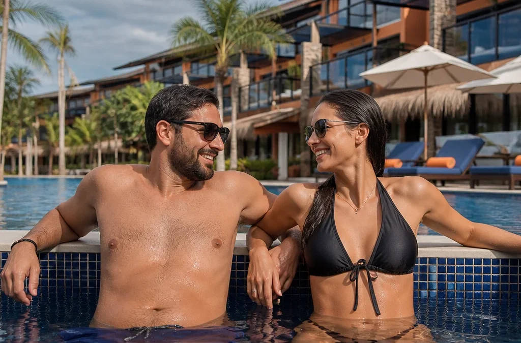 Pacote de viagem all inclusive vale a pena? Saiba quando compensa - destacada: Casal aproveitando área externa de resort all inclusive durante uma viagem