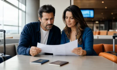 Pacote de viagem inclui seguro viagem? Saiba o que conferir antes de comprar - Casal analisando documentos de pacote de viagem com seguro viagem