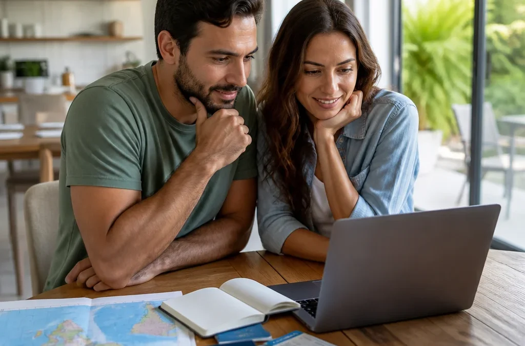 Pacote de viagem internacional vale a pena? Compare antes de fechar - destacada: Casal analisando pacote de viagem internacional com passagem e hotel
