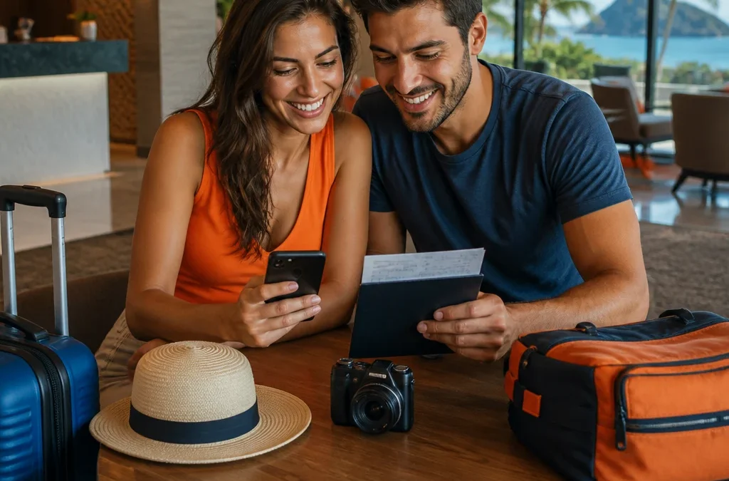 Pacote de viagem nacional vale a pena? Compare antes de reservar - destacada: Casal analisando opções de pacote de viagem nacional em um destino brasileiro