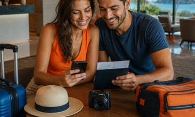 Pacote de viagem nacional vale a pena? Compare antes de reservar - destacada: Casal analisando opções de pacote de viagem nacional em um destino brasileiro