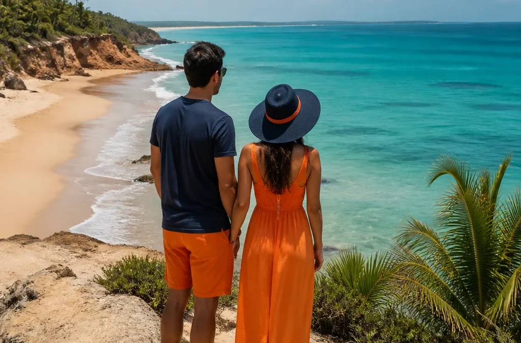 Pacote de viagem para o Nordeste: como escolher sem errar - destacada: Casal observando uma praia nordestina ao escolher pacote de viagem para o Nordeste
