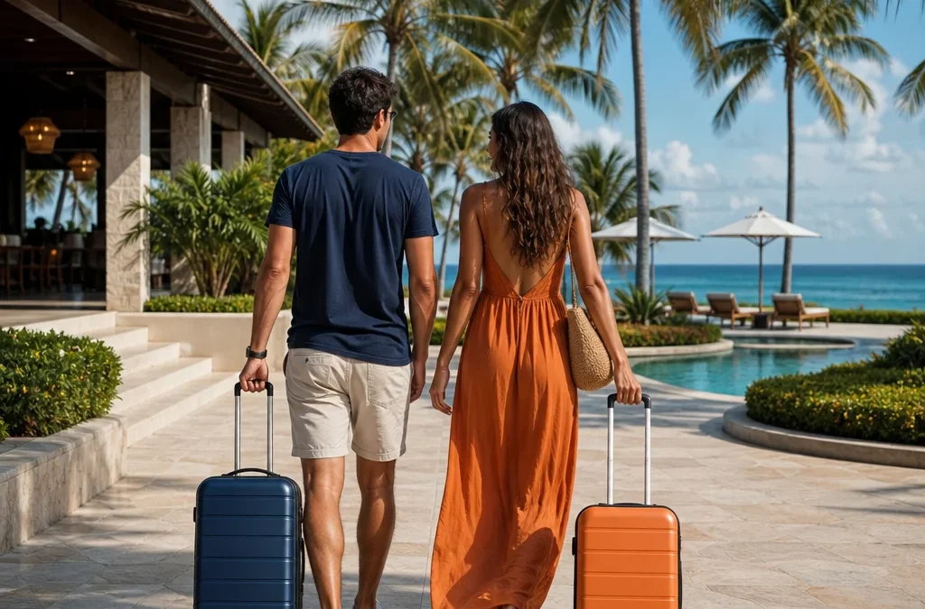 Pacote de viagem para resort: o que conferir antes de reservar - destacada: Casal chegando a um resort de praia para férias com pacote de viagem