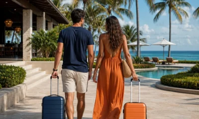 Pacote de viagem para resort: o que conferir antes de reservar - destacada: Casal chegando a um resort de praia para férias com pacote de viagem
