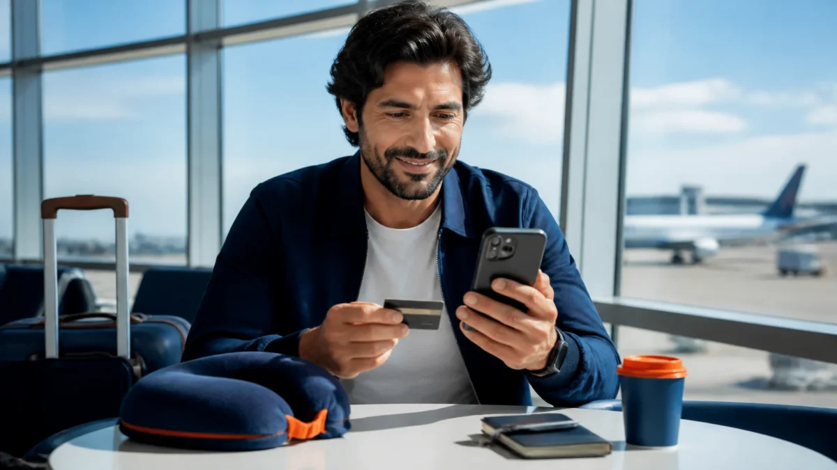Passagem aérea parcelada: como funciona e o que conferir antes de comprar - Passageira analisando opções de passagem aérea parcelada no celular