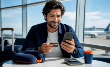 Passagem aérea parcelada: como funciona e o que conferir antes de comprar - Passageira analisando opções de passagem aérea parcelada no celular