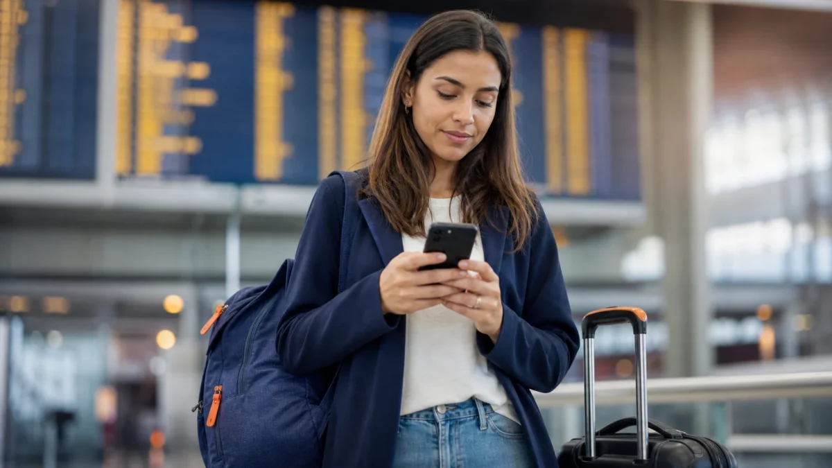 Passagem emitida com milhas por agência: como comprar com segurança - Passageira conferindo passagem emitida com milhas por agência no celular