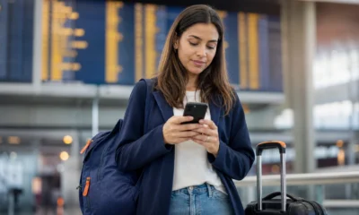 Passagem emitida com milhas por agência: como comprar com segurança - Passageira conferindo passagem emitida com milhas por agência no celular