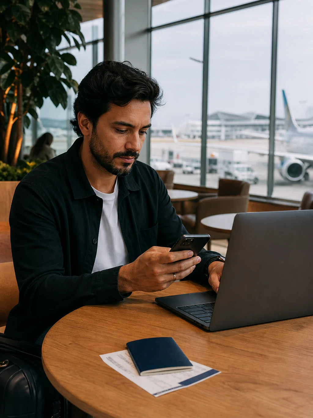 Passagem emitida com milhas por agência: como comprar com segurança - Viajante conferindo passagem emitida com milhas por agência antes do voo